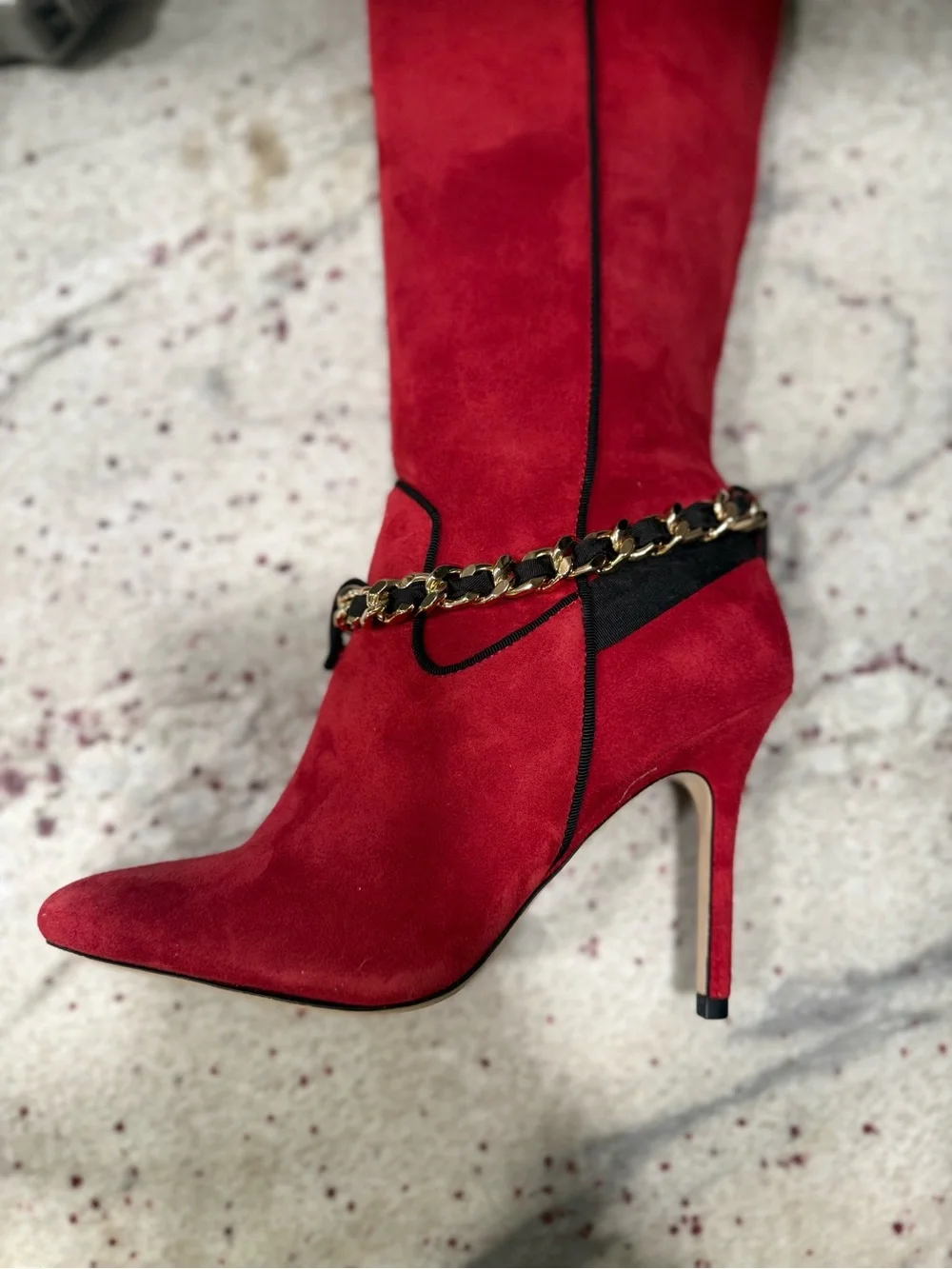 Karl Lagerfeld Maryam Red Suede Knee High Boots with Chain Trim